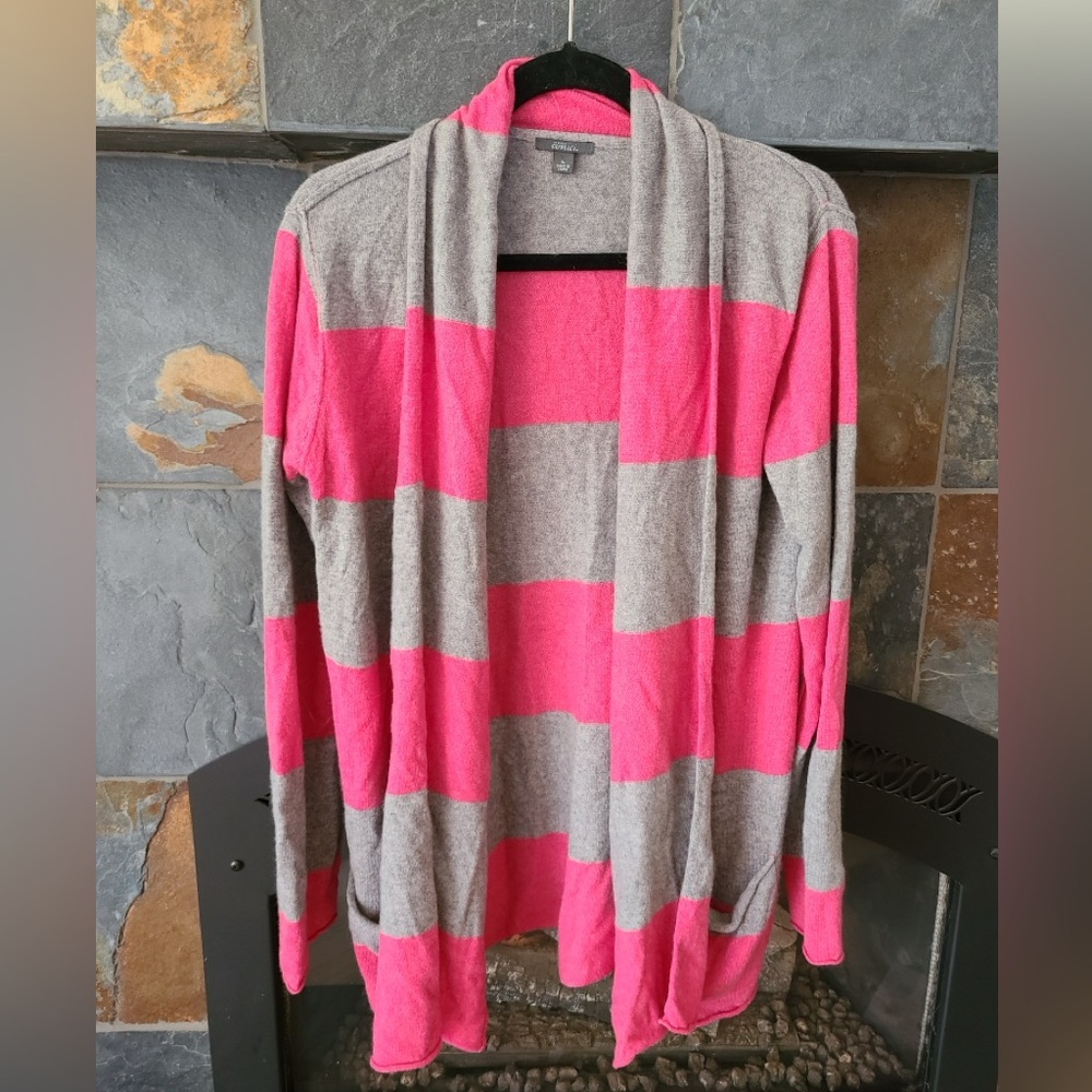 Pure Amici Pink and Grey 100% Cashmere Striped Long Duster Cardigan size large